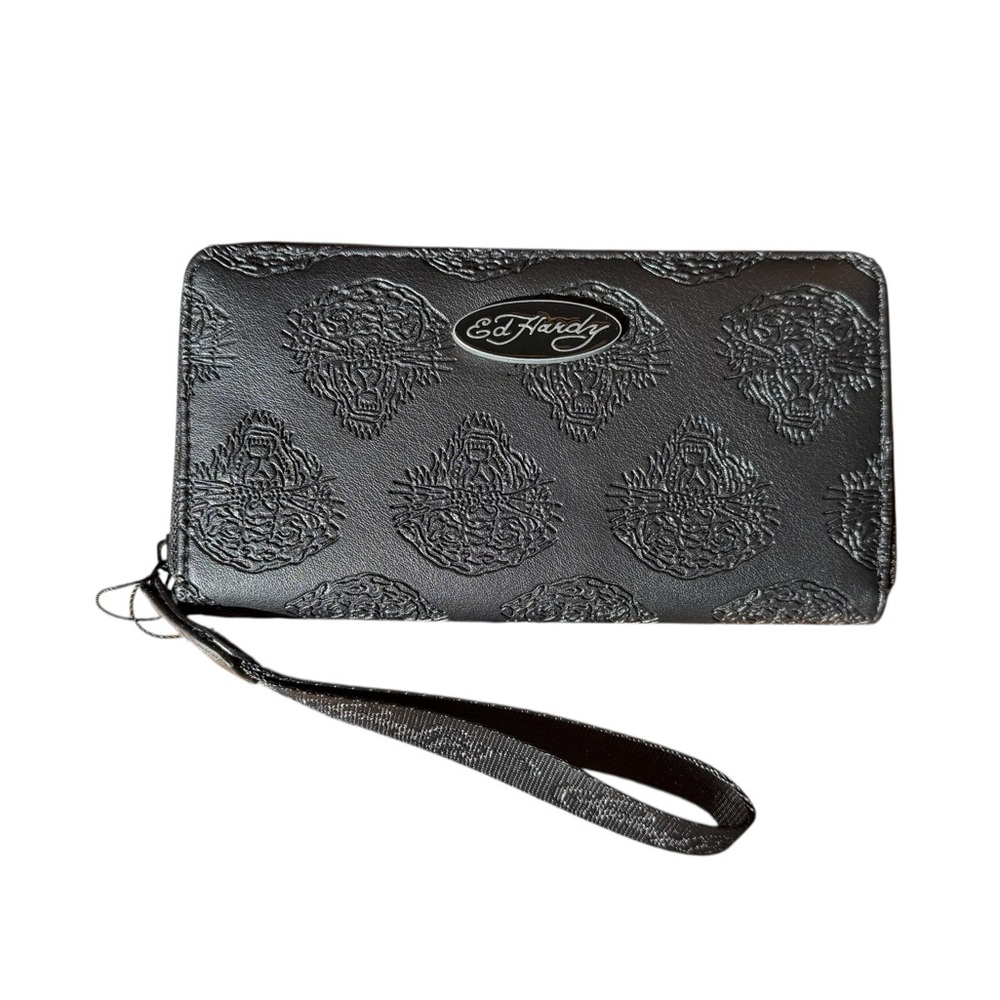 Ed Hardy Black Embossed Wristlet Zip Wallet